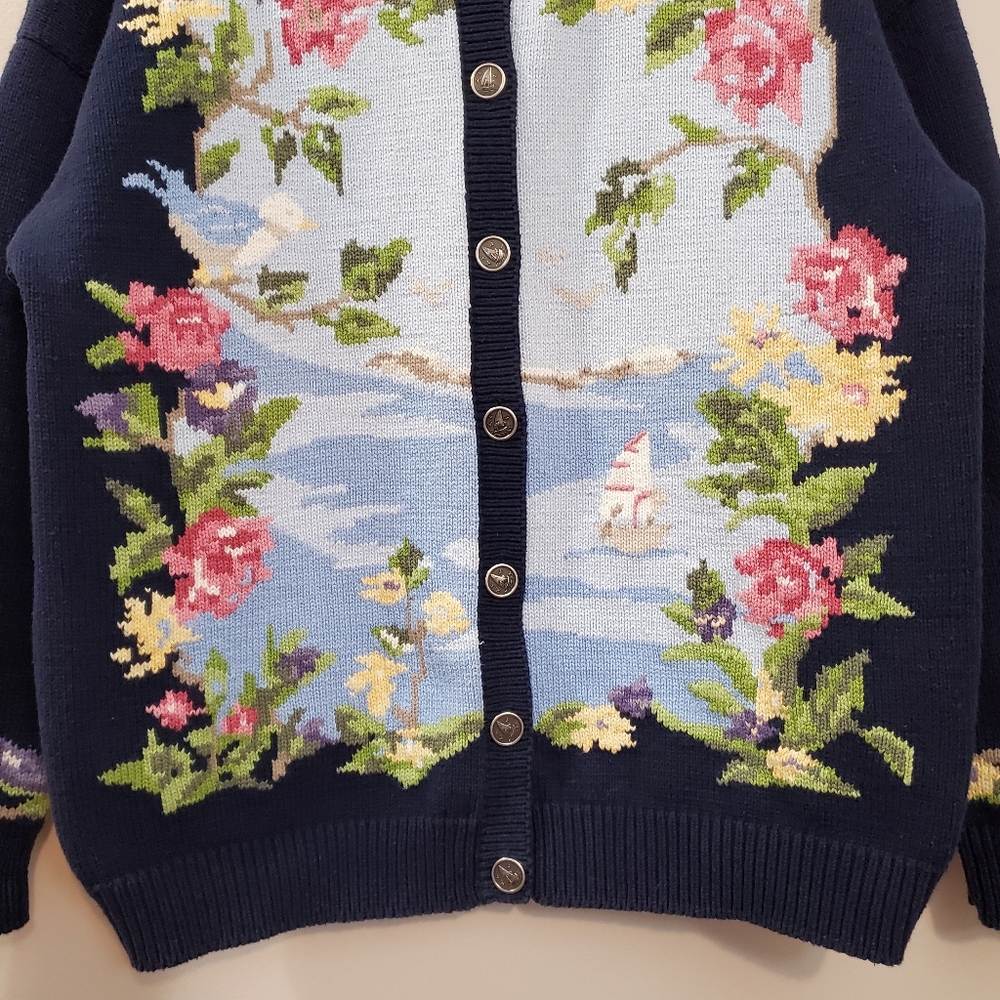 Vintage Northern Reflections - Intarsia Cotton Knit Cardigan Sailboat Scene - L - Picture 4 of 11